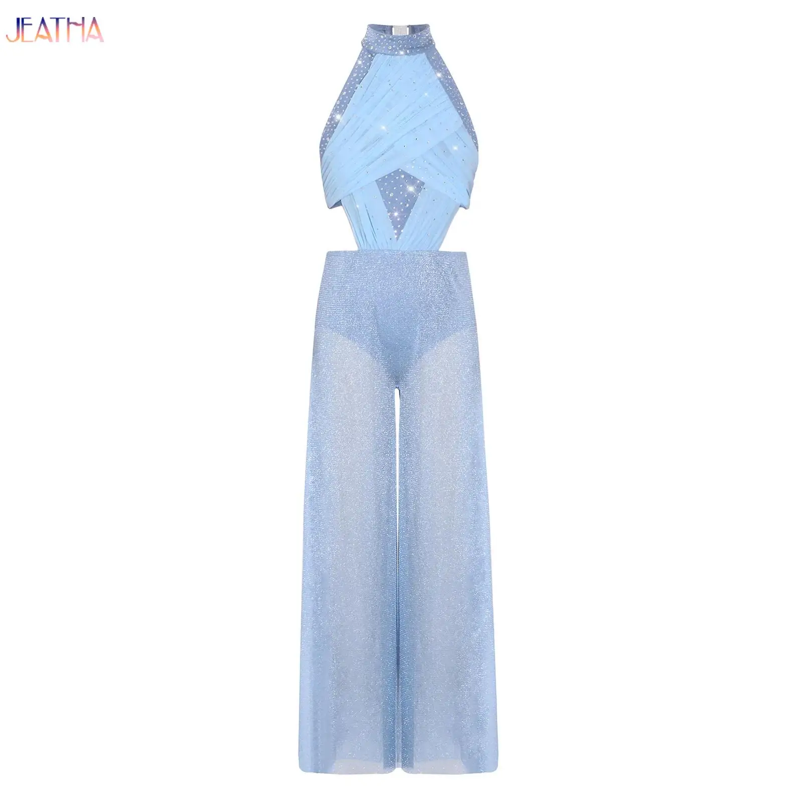 

Sleeveless Lyrical Dance Jumpsuit for Kids Modern Latin Ballet Performance Costume Back Cutout Shimmery Mesh Wide-Leg Jumpsuit