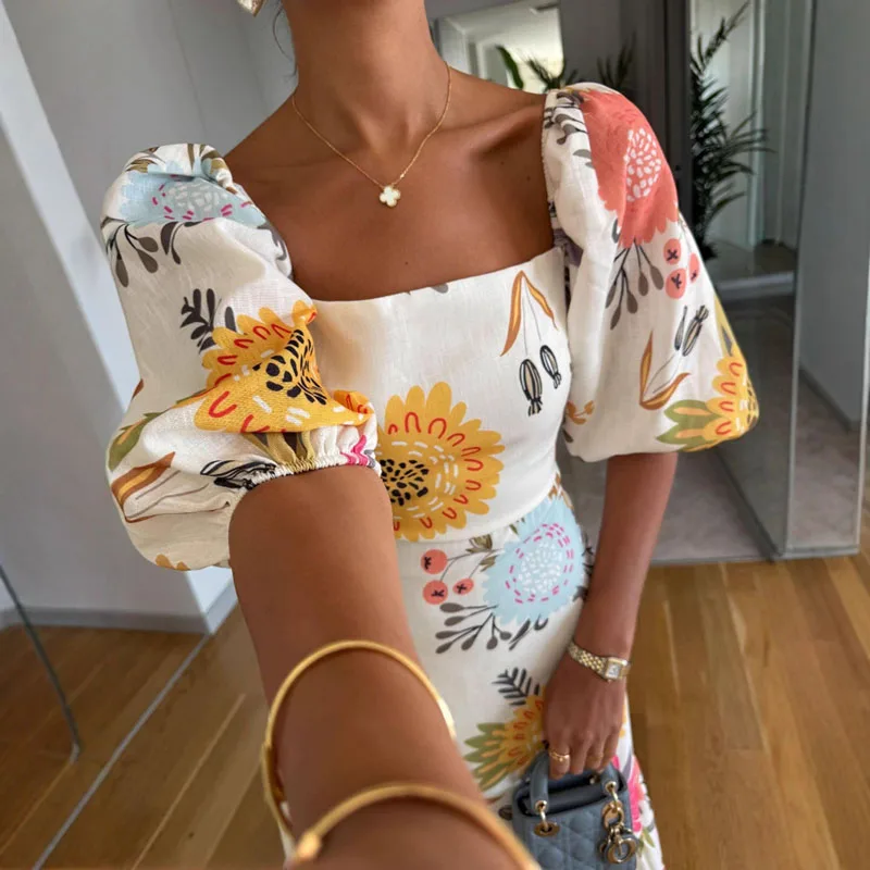 Robe longue plissée à imprimé Floral pour femme, élégante, col carré, manches bouffantes, décontractée, ligne a, style Boho, dos nu, robe de vacances