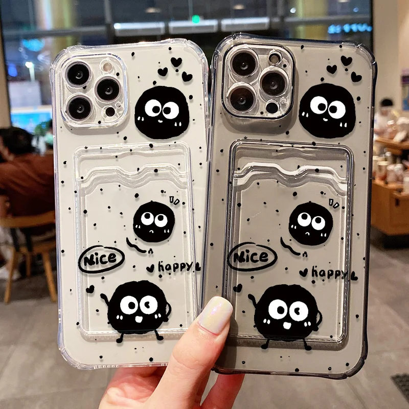 Korean Cute 3D Cartoon Black Briquettes Wallet Phone Case For iPhone 16 15 14 13 11 12 17 Pro Max 7 8 Plus SE Card Holder Cover