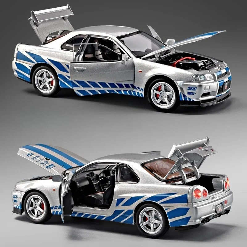 1:24 r34 skyline rápido e furioso liga modelo de carro som e luz puxar para trás brinquedo das crianças colecionáveis presente aniversário