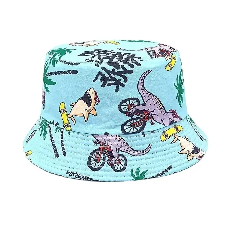 2024 Four Seasons Polyester Cartoon Dinosaur Print Bucket Hat Outdoor Travel Sun Cap For Child Boy and Girl 76