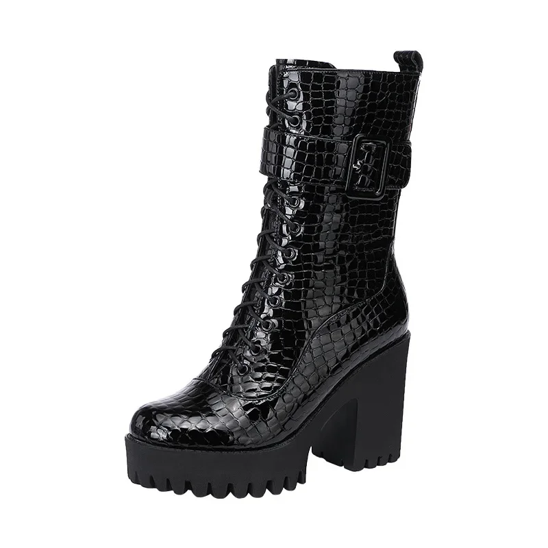 

Черные короткие ботинки с перекрестным ремешком и пряжкой, женские осенне-зимние плюшевые теплые ботинки до середины икры толщиной 10 см с узором аллигатора, размеры 32-43