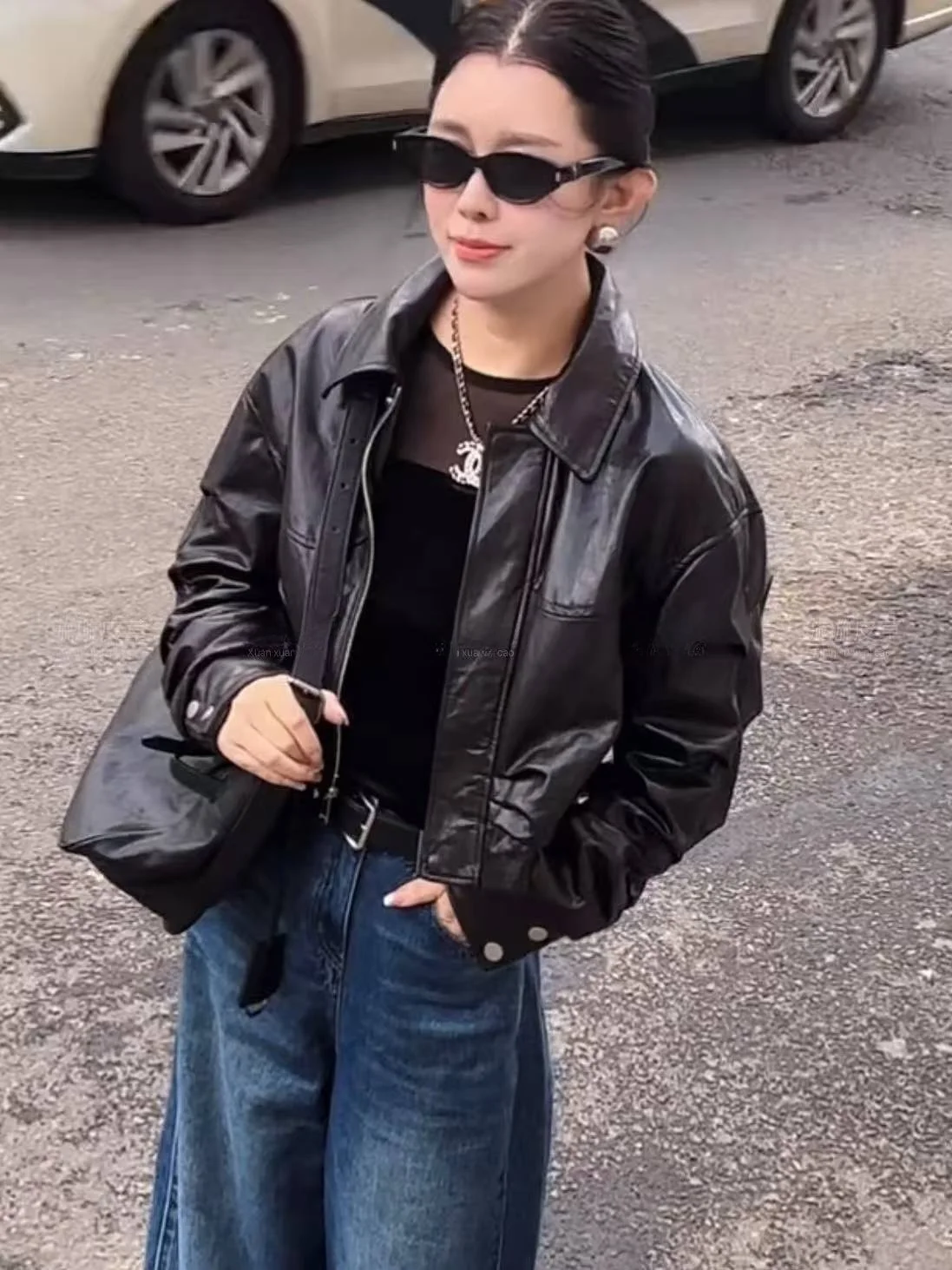 

Spring 2025 Women's ort Wax Feel eepskin Leather Jaet Zipper Closure Commute Sle Regular Sve Long Zipper Coat