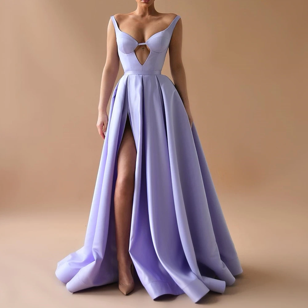 

Customized Sexy Satin A-Line Front Slit Spaghetti Straps Evening Dress Delicate Floor Length Sleeveless vestidos de fiesta