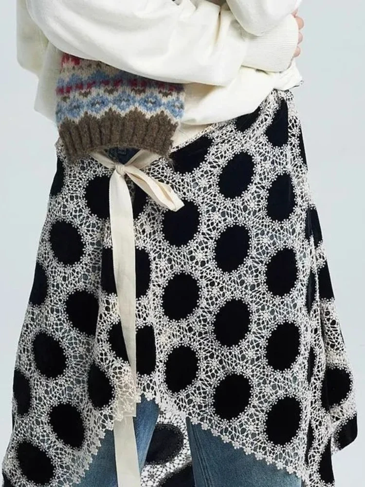 

Lace Polka Dot One-piece Lace Up Skirt Women Summer Fashion Overlap Hook Flower Hollowed Asymmetry Mini Skirts Skort