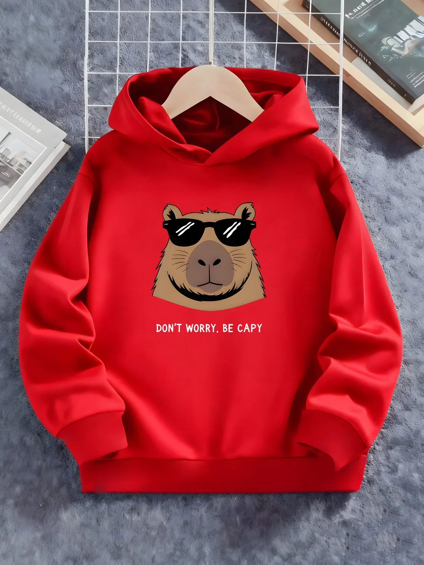Kapibala Children's Hoodie with Sunglasses, Cute Cartoon Print, Warm Fleece Casual Sweatshirt for Autumn and Winter