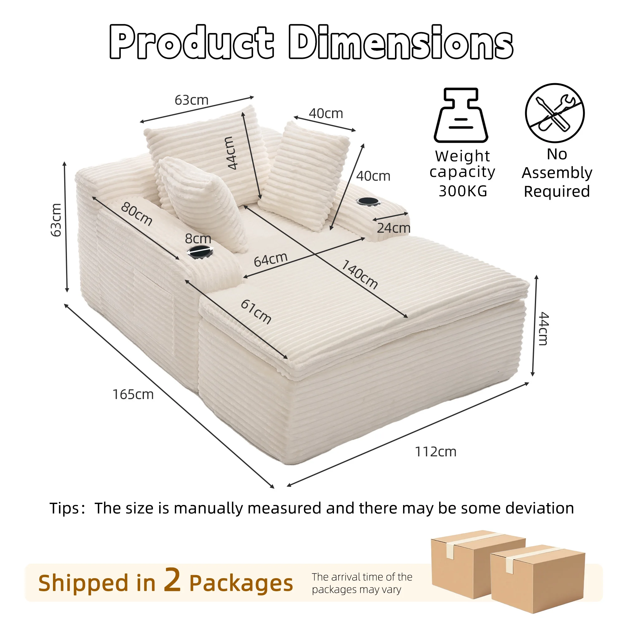 Cordsofa ohne Montage, Komfort-Sofa mit Getränkehalter und Aufbewahrungstasche, 2-in-1 Kissen-Decken-Modulsofa für Wohnzimmer, Schlafzimmer, Studentenwohnheim