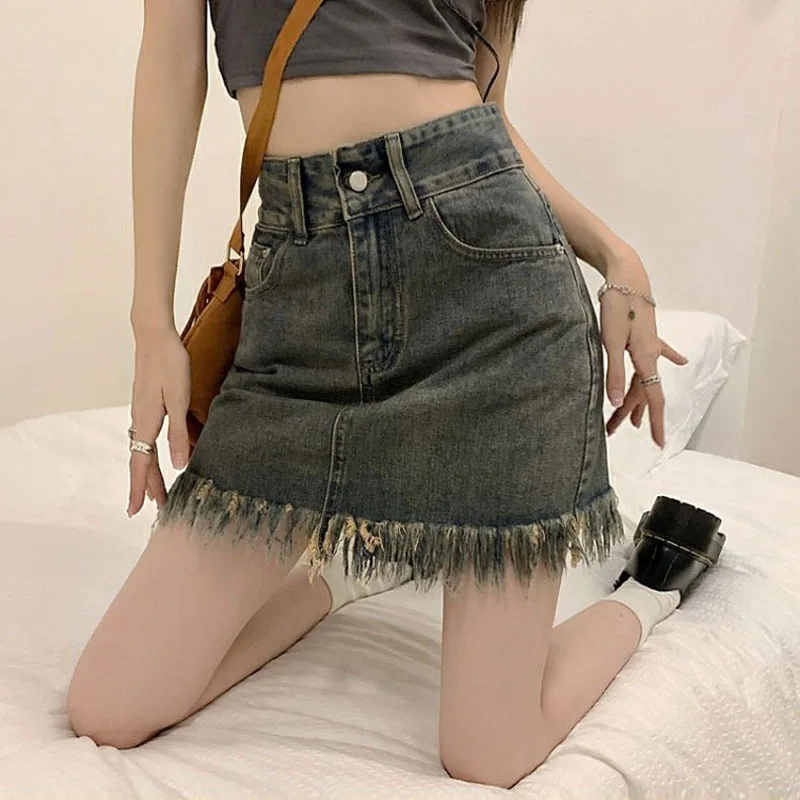 

Casual Short Denim Skirt For Women High Waist Summer A-Line Raw Hem Jean Mini Denim Skirts with Pockets Size S M L XL XXL