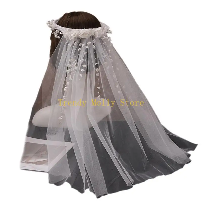 

N5KB Lieed Lieed Veil Bride Длинные вуали с бисером цветоком чисто великолепный тюль невесты