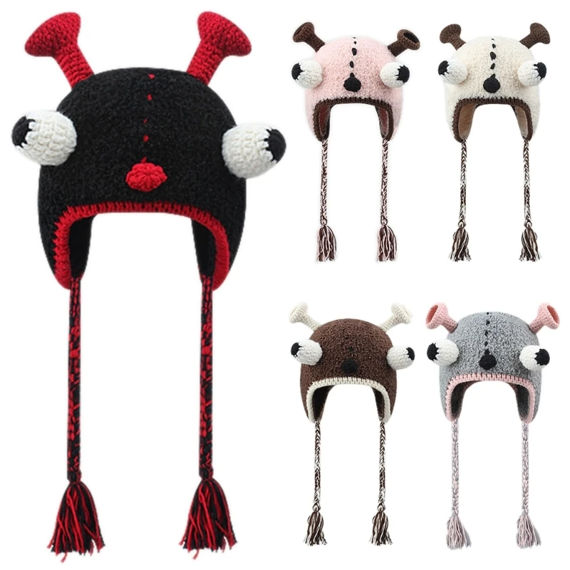 

Kid Funny Earflap Hat Knit Earflap Beanie Big Eye Beanie Plush Hat With Ears Little Devil Hat Funny Beanie