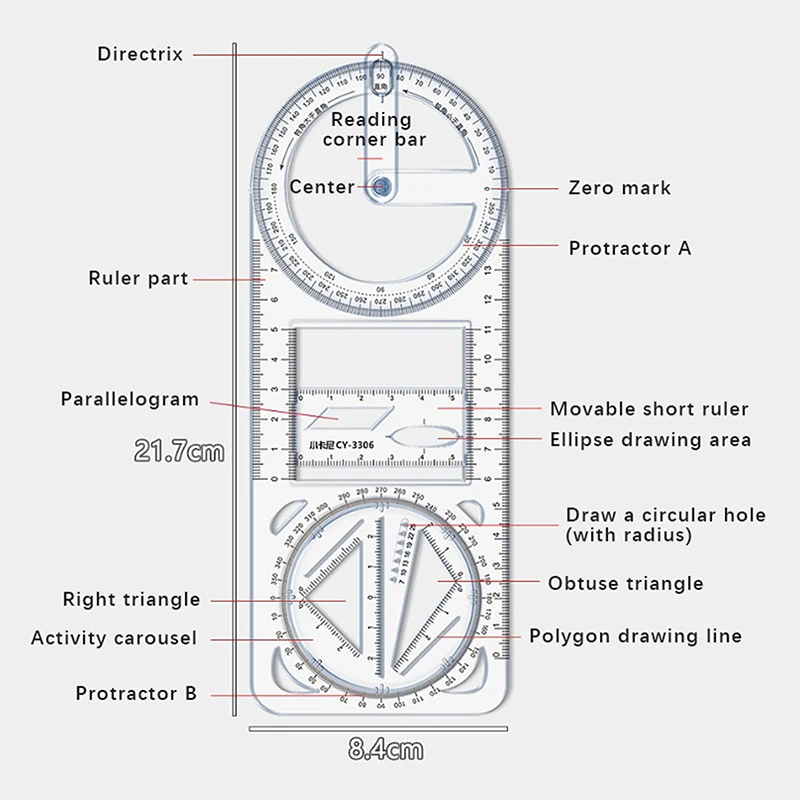 For School Multifunctional Primary School Activity Drawing Geometric Ruler Triangle Ruler Compass Protractor Set Measuring Tool