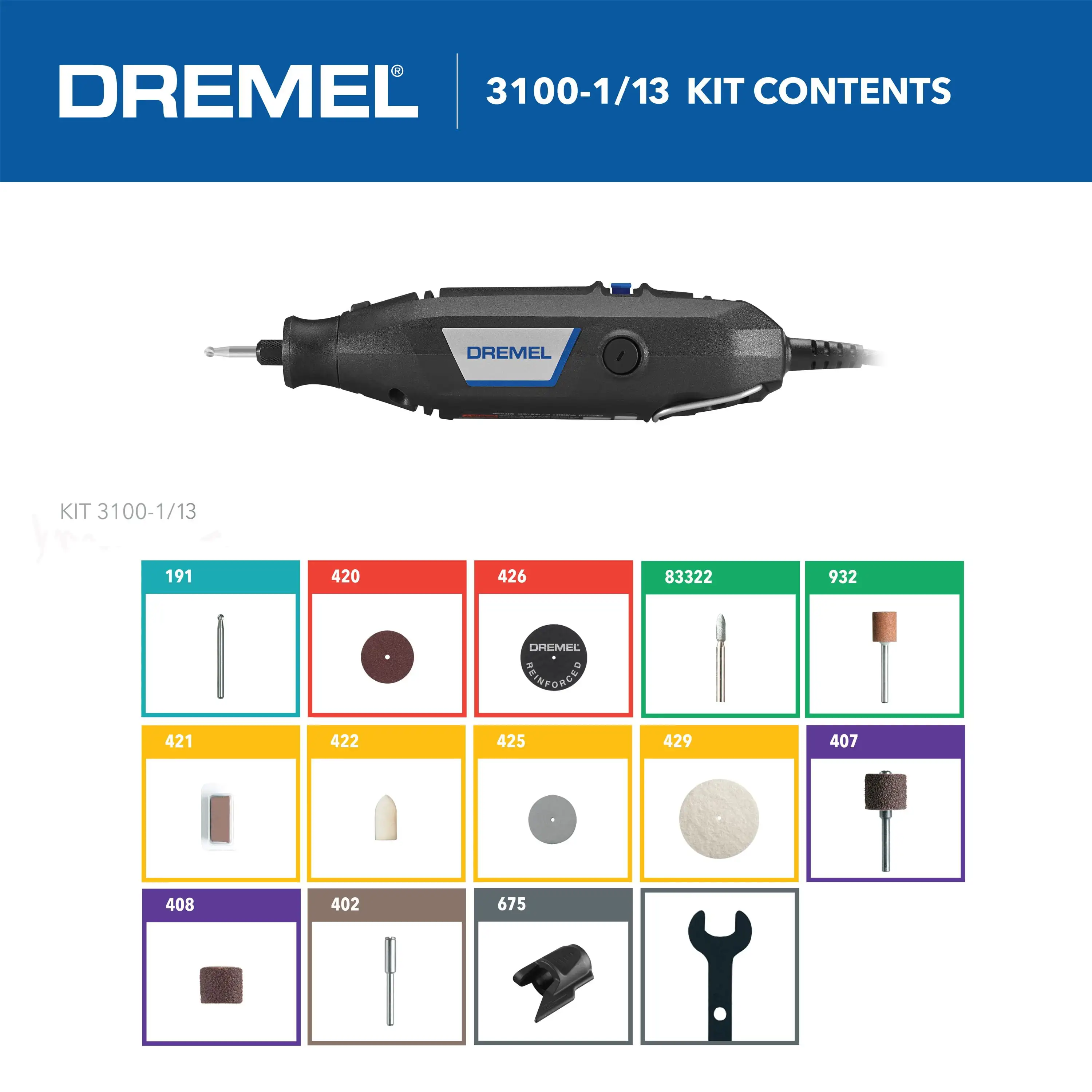 

3100-1/13 1.2 Amp Variable Speed Corded Rotary Tool Kit, 1 Attachment, 12 Rotary Accessories