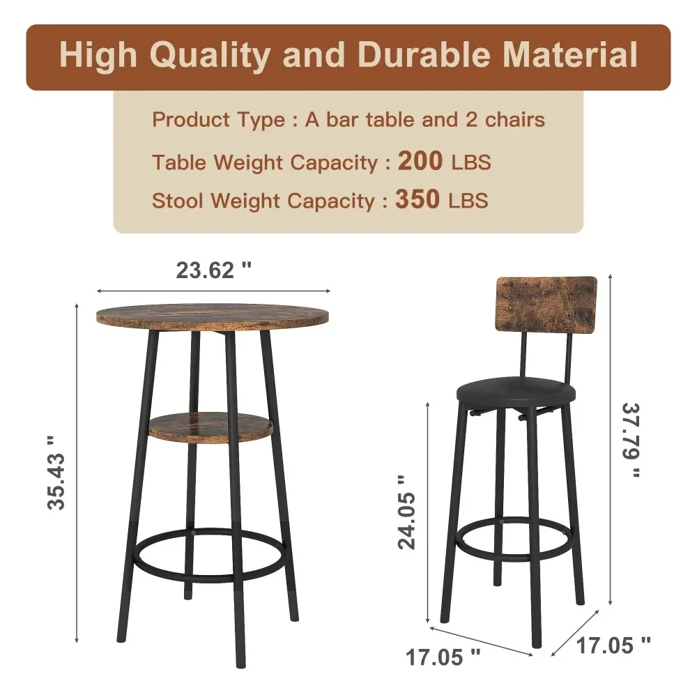 Juego de mesa y sillas de comedor de 3 piezas, conjunto de mesa de Bar Industrial, cocina, Marrón rústico