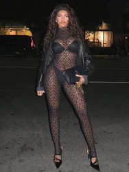 kliou Lace See Through Women Jumpsuits Solid Coquette Sexy Hot Full Sleeve Stand Collar Elastic Overalls Female Nighout Clubwear