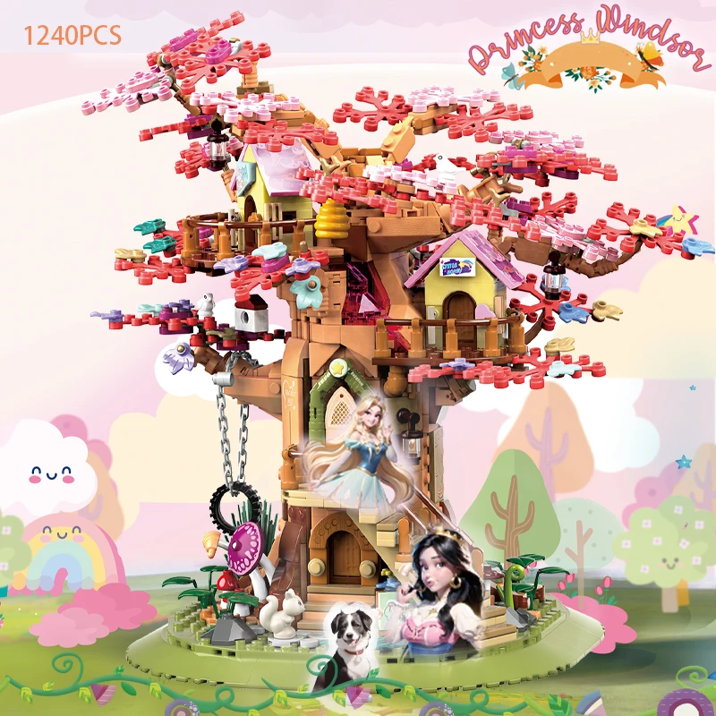 Windsor Princess Castle Cherry Blossom Tree House Courtyard Small Particle Assembly Building Blocks Children's Toy Model