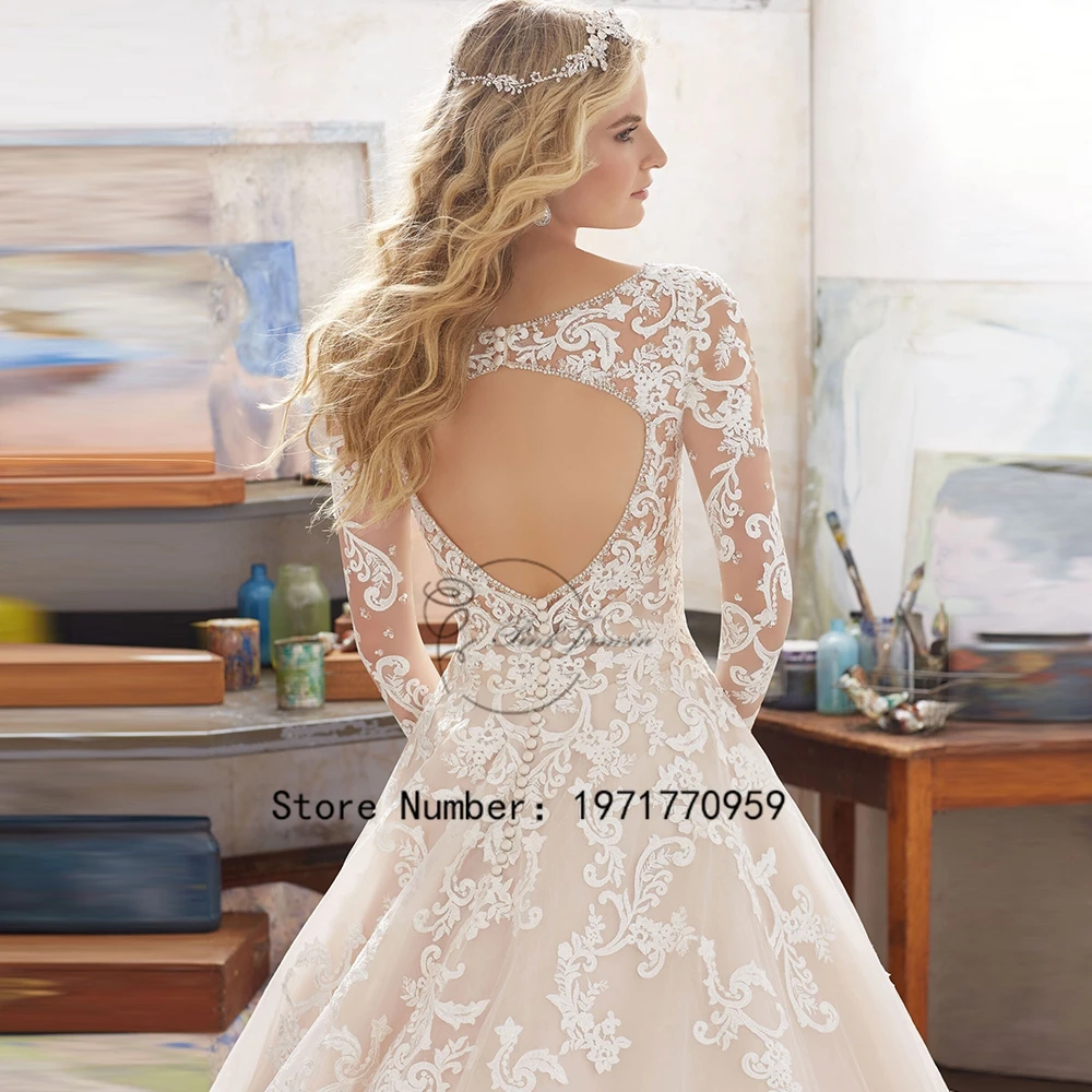 Leichte Champagner Brautkleider für Prinzessin V-Ausschnitt lange Ärmel Applikation elegante Brautkleider rücken frei A-Linie vestido de noiva