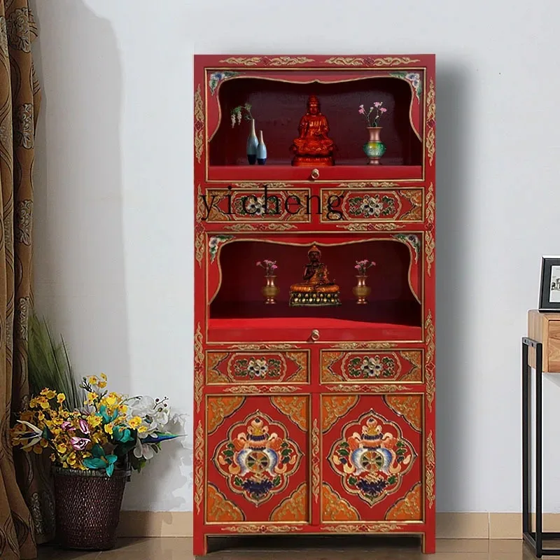Chinese Solid Wood Two-layer Buddhist Cabinet Painted Offering Table Household Guanyin Offering Table God Of Wealthl6