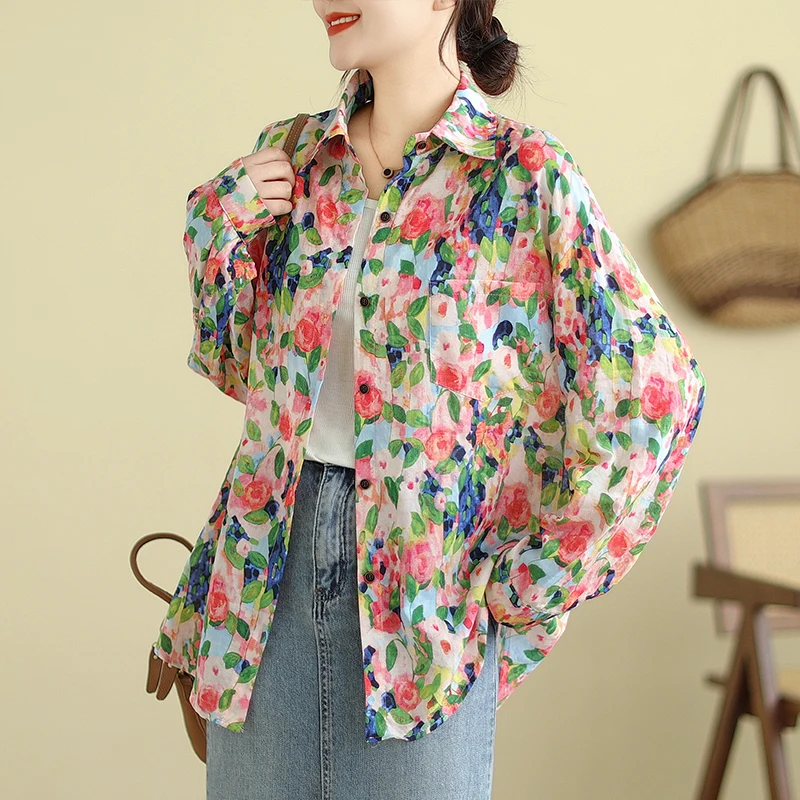 

Женская одежда больших размеров: Новая хлопково-льняная длинная рубашка с цветочным принтом для весны и осени, скрывающая живот, в художественном стиле, модная верхняя одежда...