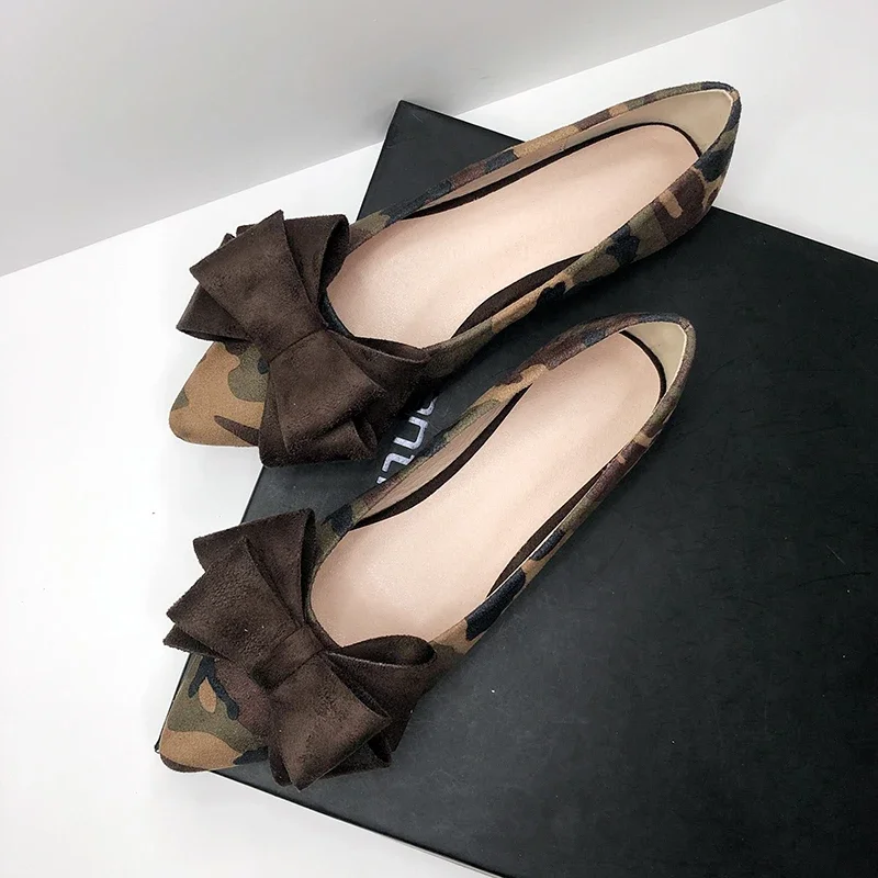 Lady Camouflage Bow Flats voor brede voeten 33-48 Groen Bruin Zwart Schoenen Comfortabele instappers Ourdoor Driver Nieuwigheid Gemengde kleuren