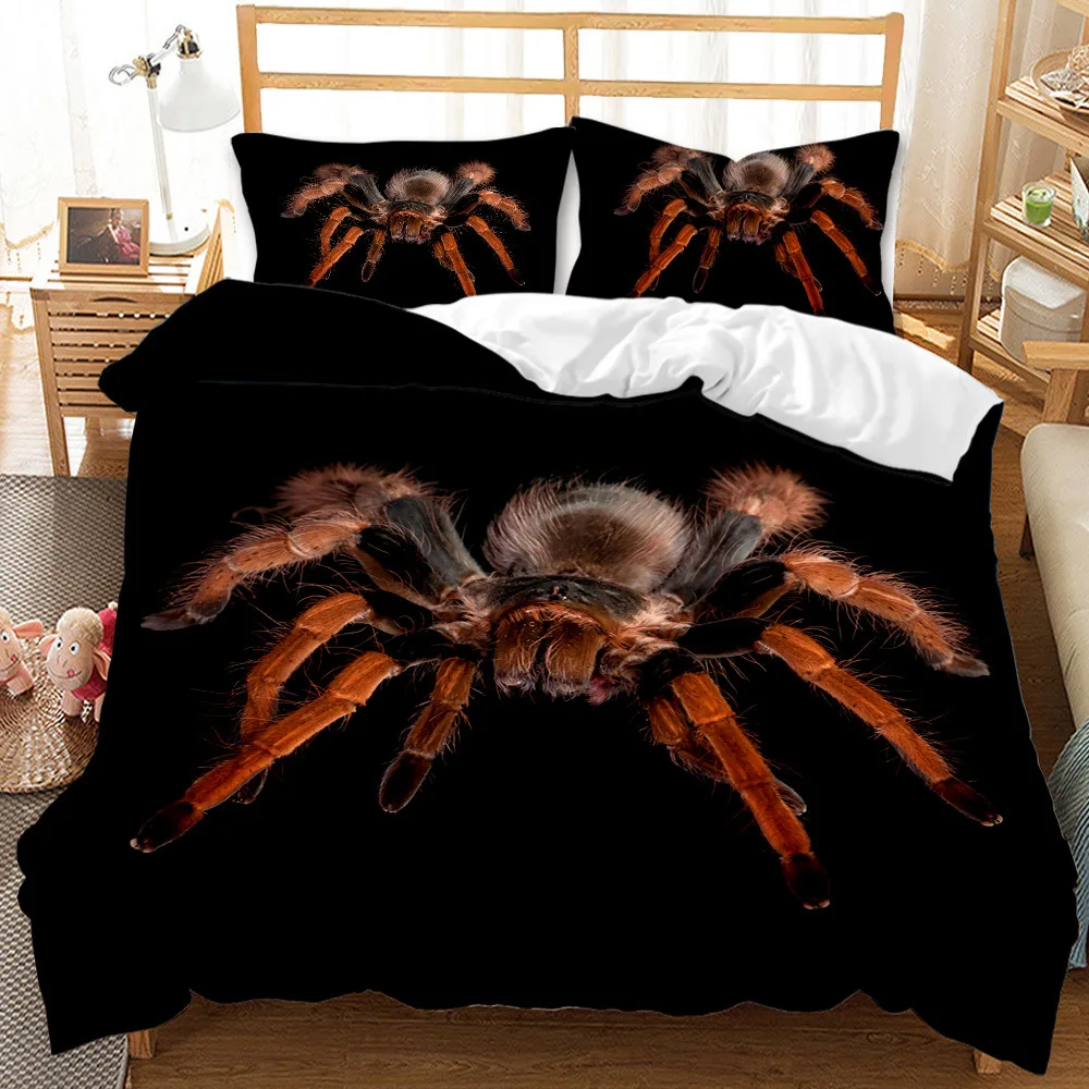 Tarantula Print Bedding Set King/Queen Size,Black Brown Spider Comforter Cover,Insect Theme Soft Duvet Cover for Kids Teen,white