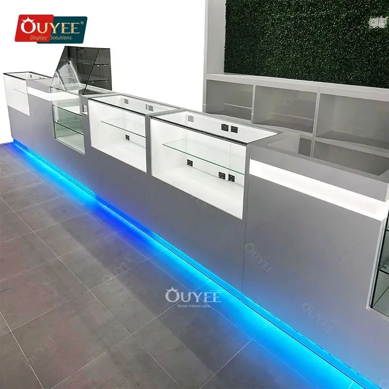 

custom.Led Commercial Furniture Dispensary Counter Smoke Shop Retail Display Wooden Display Stand Wood Frame Glass Showc