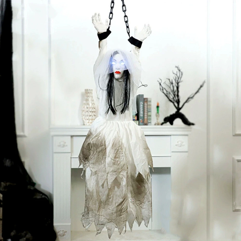 دعائم حفلات الهالوين مهرج معلق متحرك مع سلسلة عيون متوهجة صوت زاحف لتزيين ساحة المنزل المسكون في الهواء الطلق