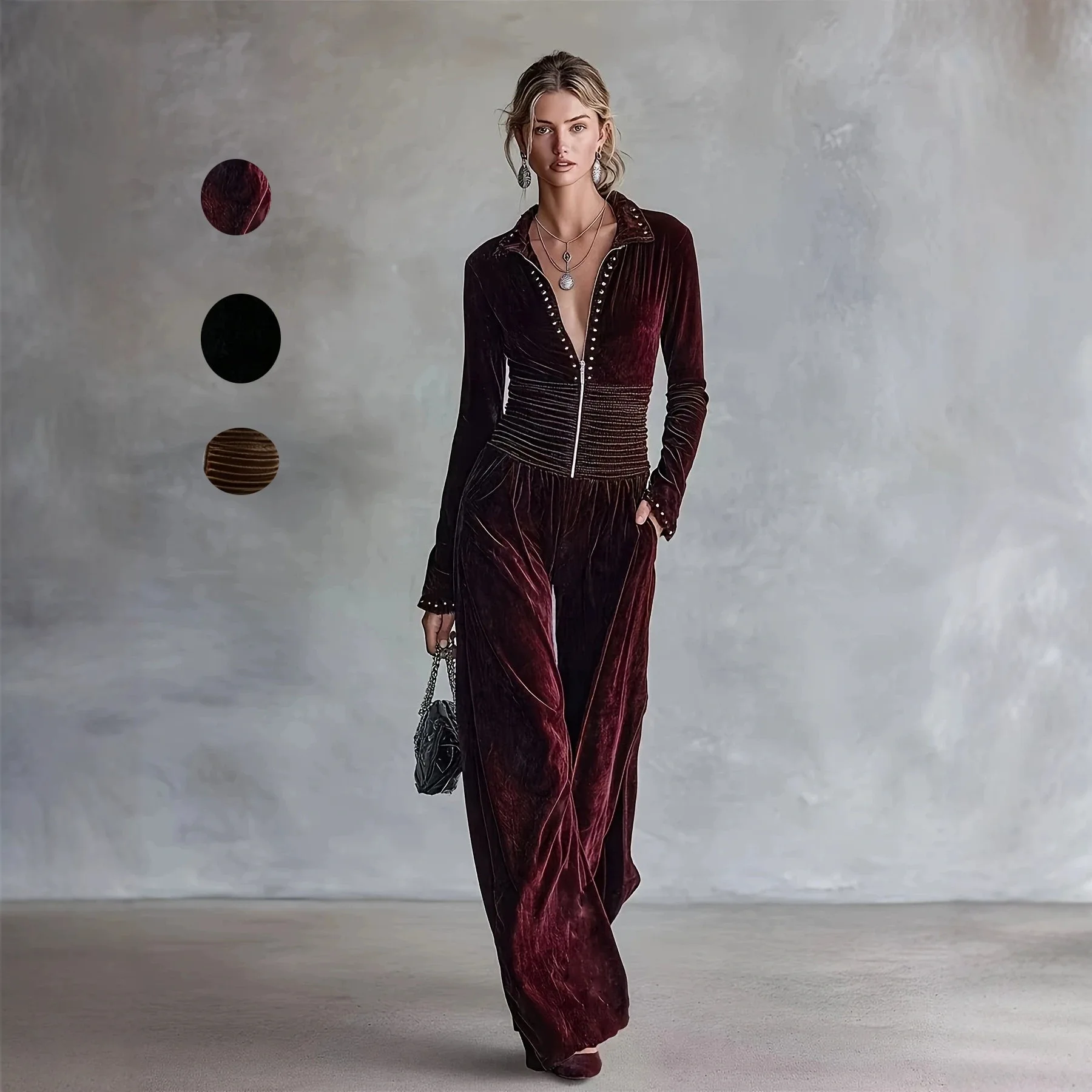 2026 Spring Retro Solid Velvet Women's Jumpsuit Elegant Half Zip Stand Collar Drawstring Waist Overalls Casual Streetwear Romper