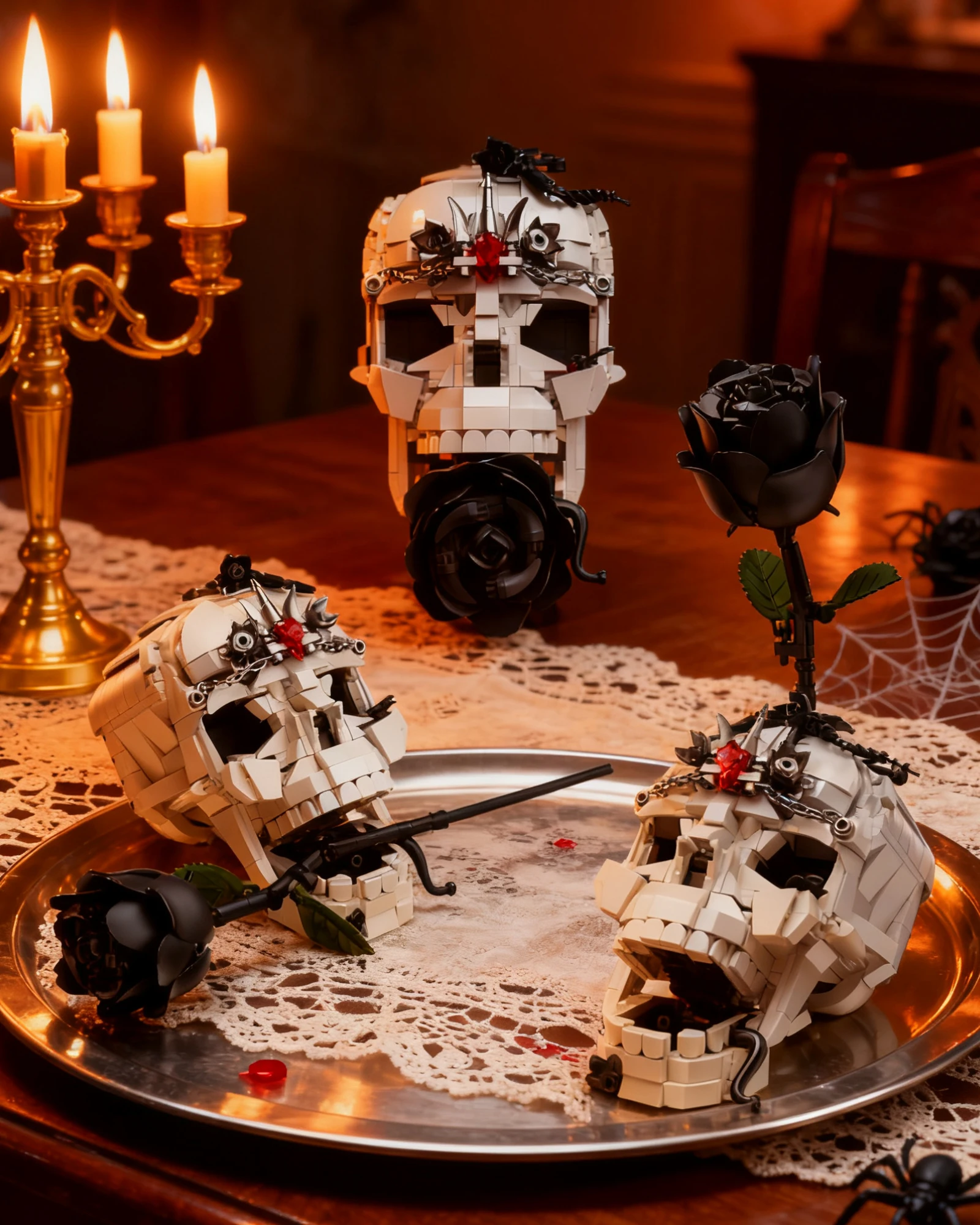 

Creative Evil Skull Transformation Model Toy Block Dark Rose 3-in-1 Set Office Decoration Assembly Toy Boy Halloween Gift