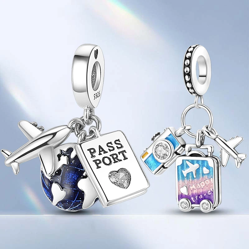 925 Sterling Silver Charms Bead Dangle Airplane Luggage Passport Travel Charms Fit Original Charms Bracelet Jewelry Gift