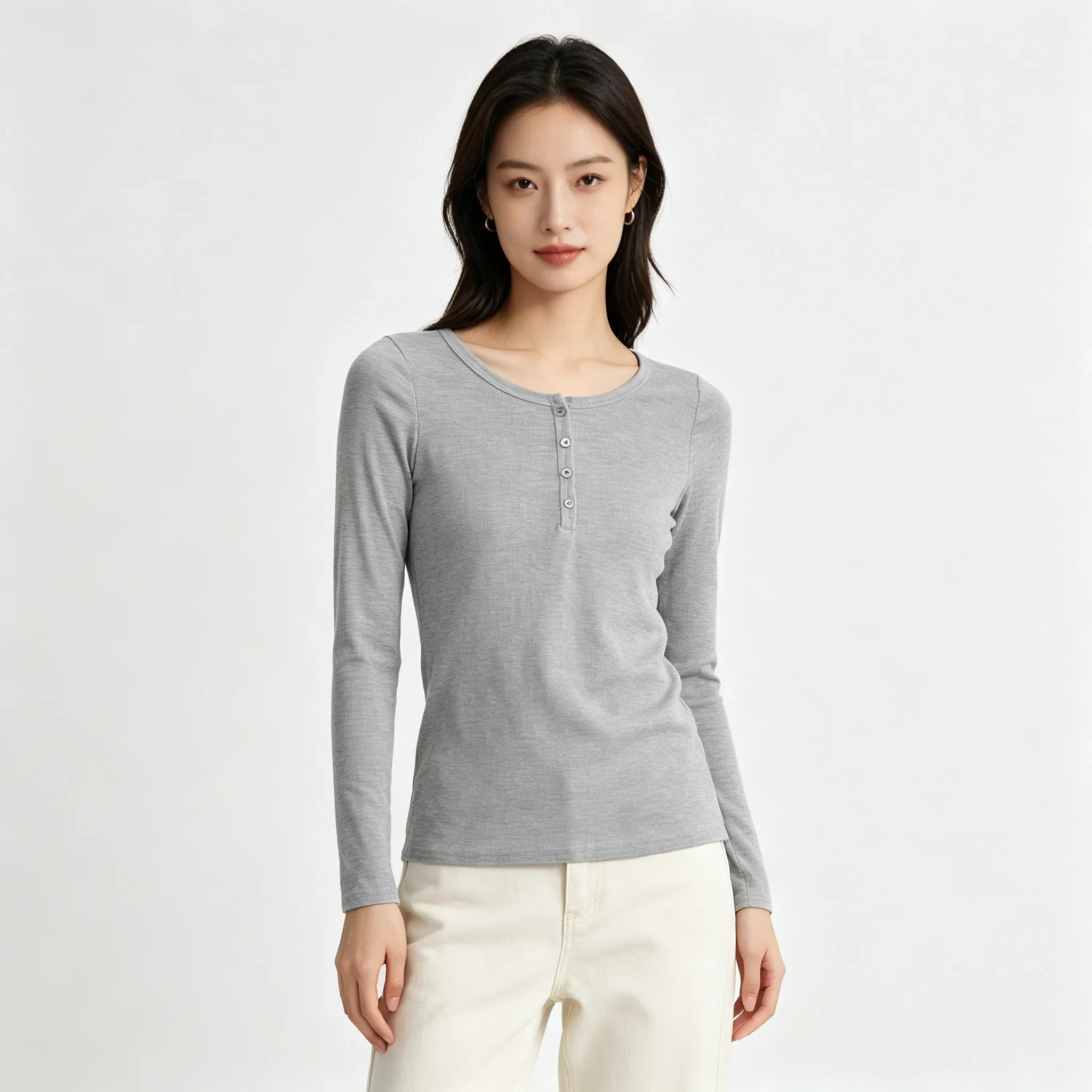 Woman Clothes Ribbed Long Sleeve T-shirt Close Fit Front Button Stretchy Plain Casual Winter Streetwear Clothing Basic Outfit