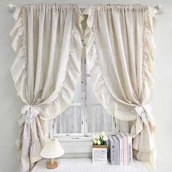 French Ruffle Semi Sheer Curtains, Plain Faux Linen Textured Vintage American Farmhouse Curtain for Living Room, Bedroom, Study