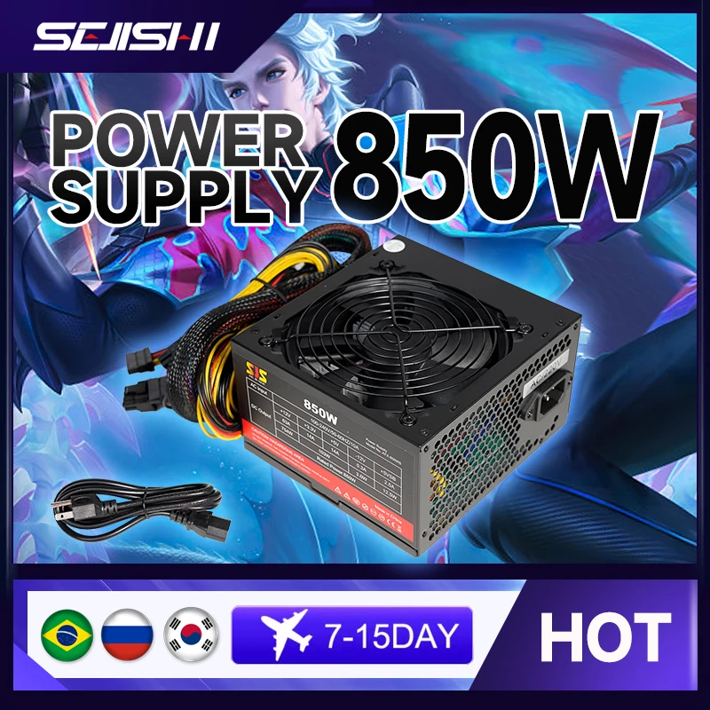 

SEJISHI fonte 850W PC PSU Power Supply Unit Black Gaming Quiet 120mm Fan 24pin 12V ATX Desktop Computer Power Supply for BTC