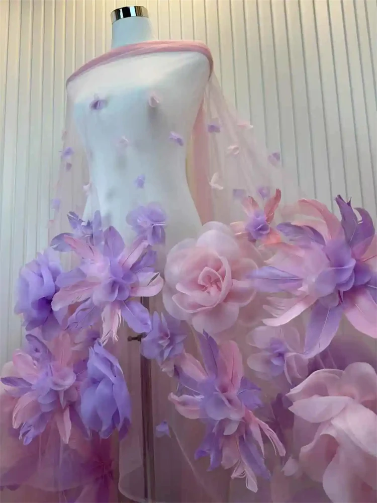 Tessuto africano di fiori e piume 3D 5 metri 2025 Paillettes di alta qualità ricamato tessuto di pizzo francese nigeriano per la cerimonia nuziale