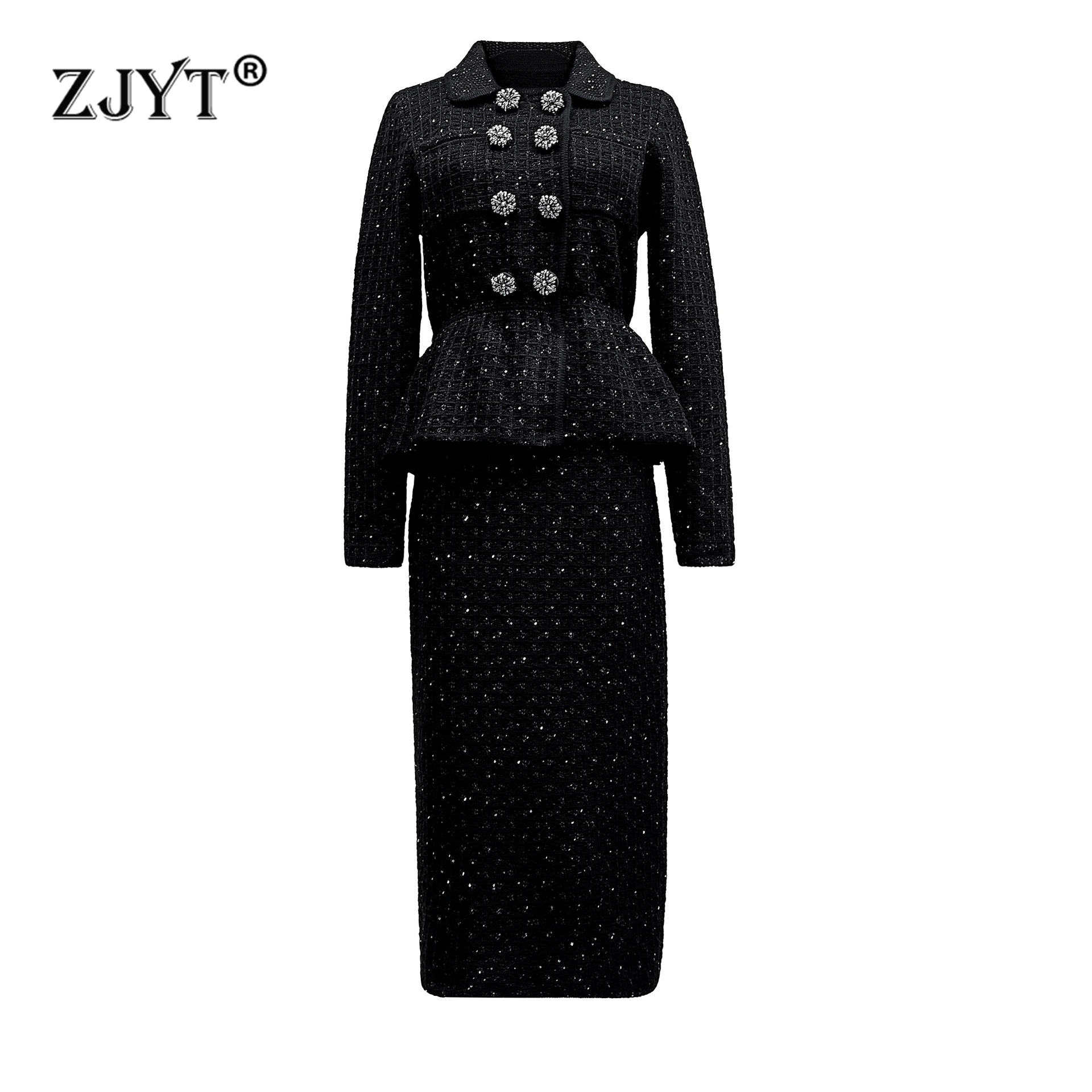 ZJYT Autumn Winter Thick Crystal Buttons Sweater Skirt 2 Piece Clothing Sets Elegant Office Lady Party Outfit Fashion Suit Black