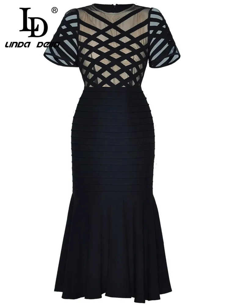 LD LINDA DELLA – sac de taille en maille transparente, col rond, manches courtes, jupe queue de poisson pour fesses, Style princesse Slim Fit, style d'été 2025