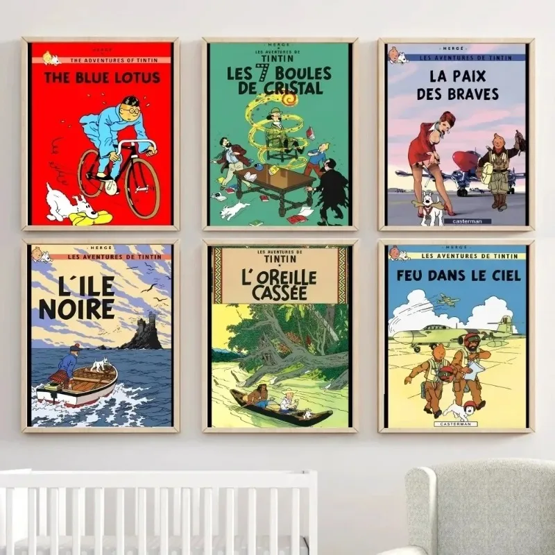 Tin_tins Adventure lienzo impresión arte de pared, pintura de póster de dibujos animados de cómic clásico para sala de estar decoración del hogar regalo de Navidad, sin marco