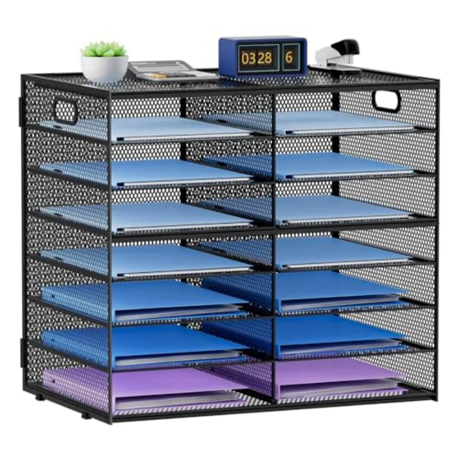 

14 Compartments Paper Organizer for Desk, Mesh Literature Organizer, Mail File Sorter Tray with Handle, Desktop Mailbox for Off