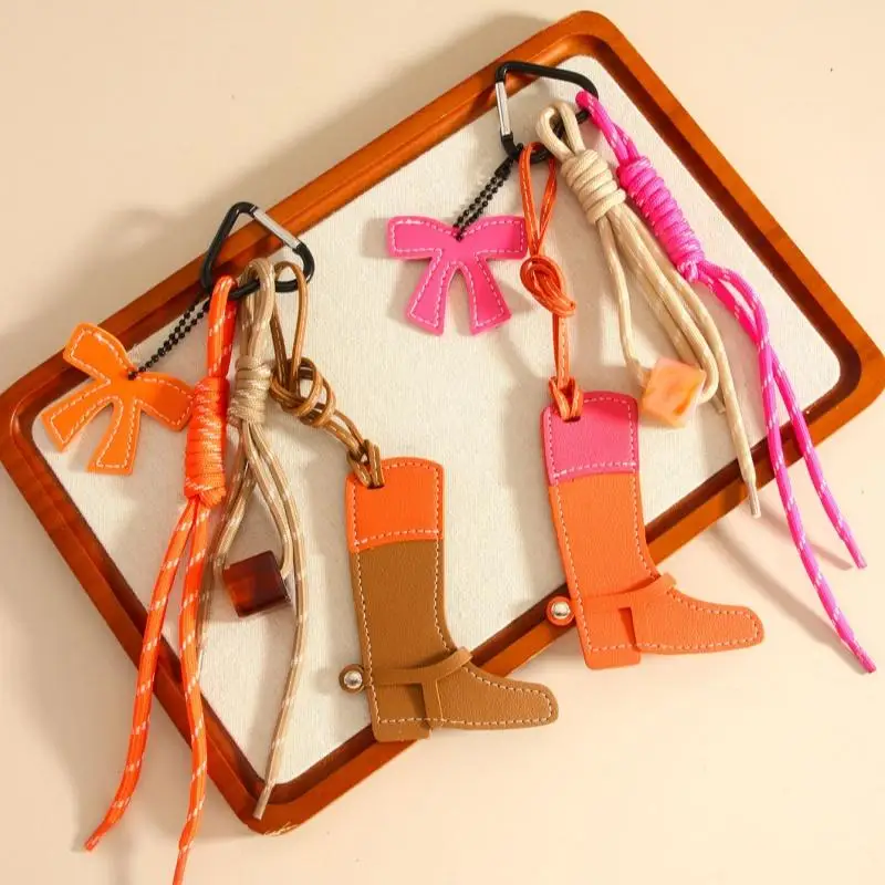 Vintage Western Cowboy Boot Bag Charm Color Block Long Boot Pendant With Bow Beaded Tassel Boho Accessory For Backpacks