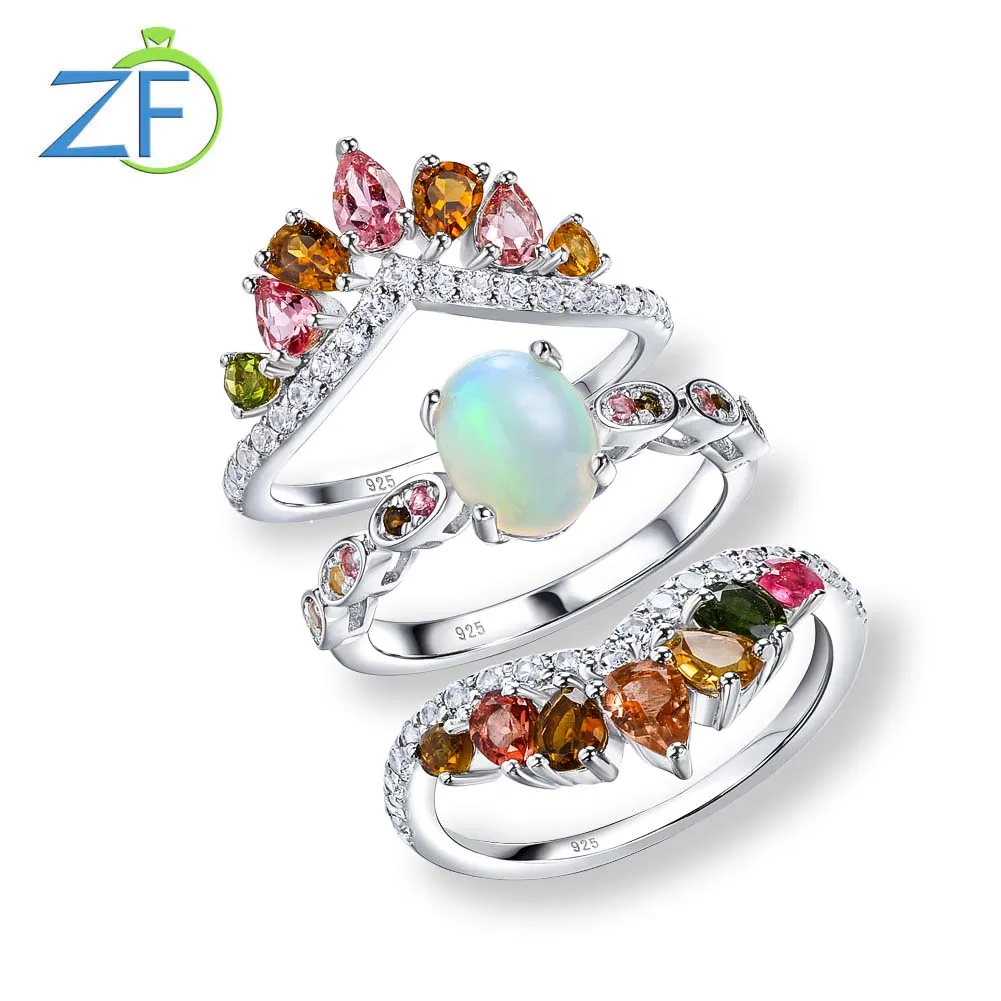 

GZ ZONGFA Original 925 Sterling Silve Three Ring Set for Women Natural Opal Tourmaline Gems Luxury Engagement Fine Jewelry