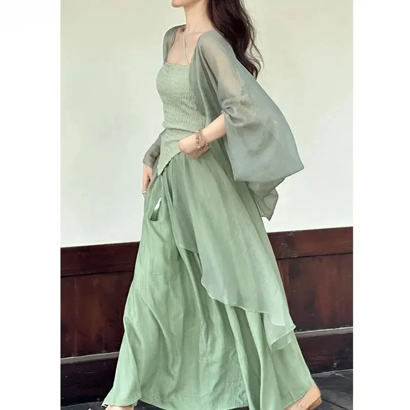 

2025 Blue Green Hanfu Suit Summer New Chinese Style Qipao Dresses Mesh Cardigan Strap Vestidos Women Slim Cheongsams Costumes