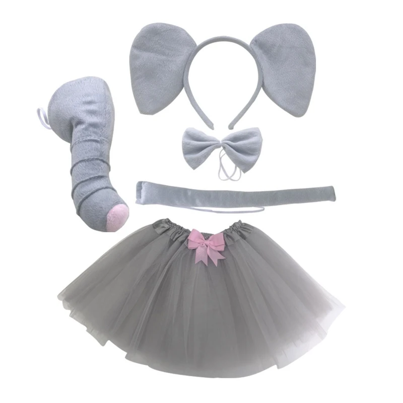 Elephant Costume Set Elephant Ear Headband Tail Bow Tie Nose Glove Tutu Skirt for Kid Halloween Christmas Animal Cosplay