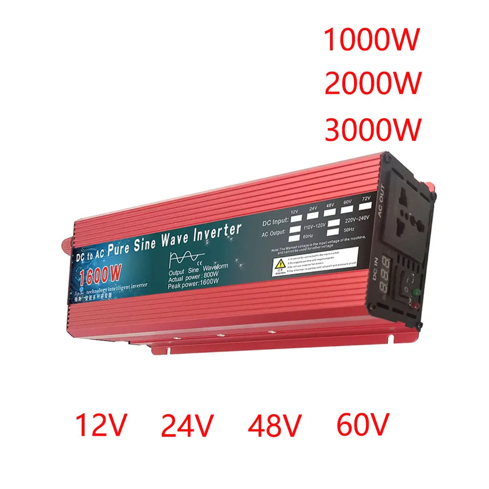 Inverter 12V 220V 1000W 2000W 3000W DC 24V 48V 60V To AC 220V Pure Sine Wave Voltage Converter Power Car Micro Inverter DIY