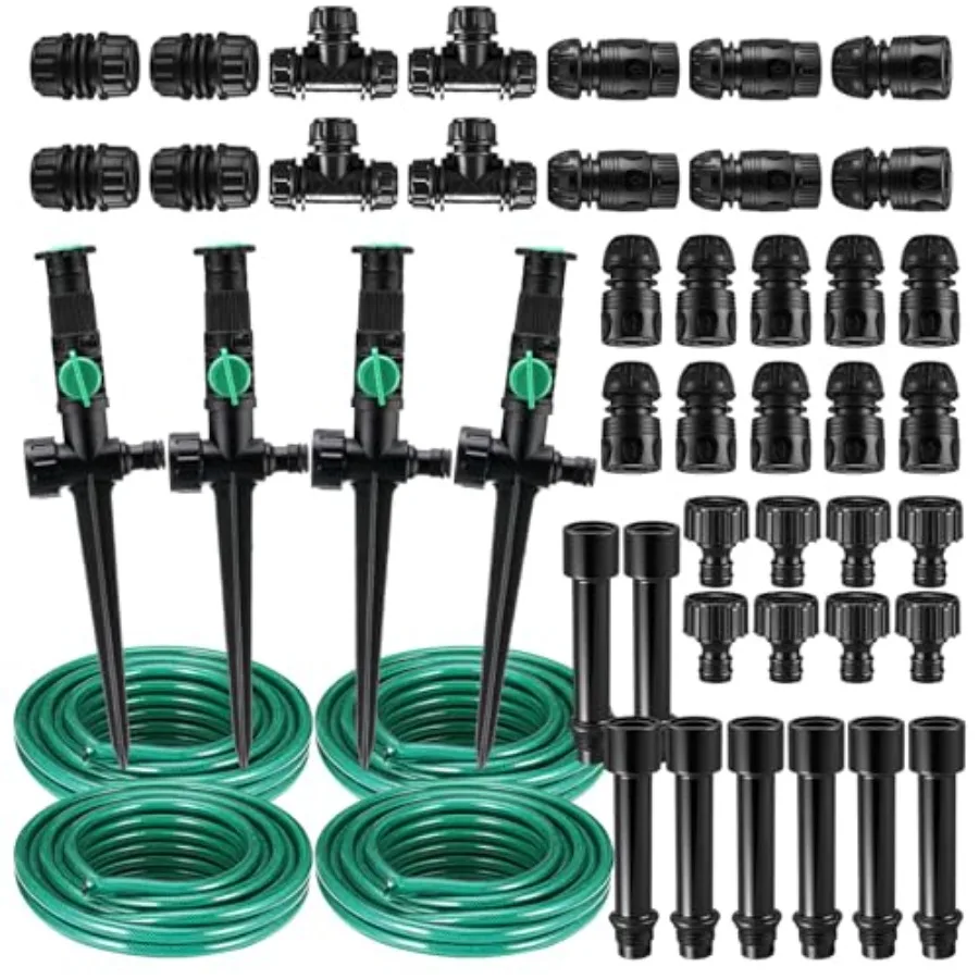Above Ground Sprinkler System for Yard Garden Irrigation: PVC Plastic, Black Gray, 4 Sets with 59ft Hose, Multi-adjustable DIY