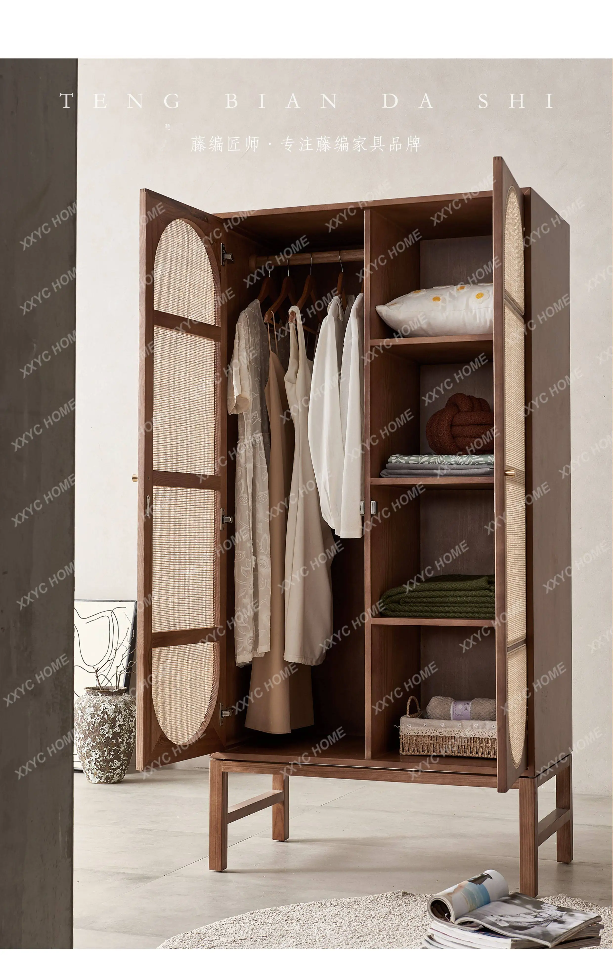 M02 Homestay Bedroom Wardrobes All-solid Wood Household Rattan Woven Living Room Cabinets  Double-door Furniture