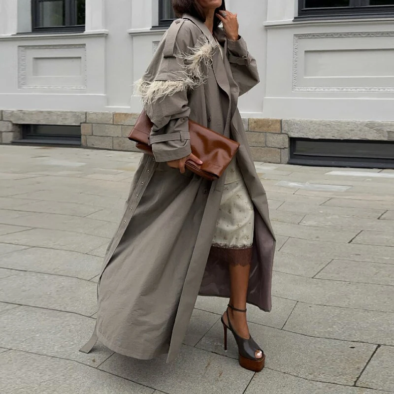 Women Fringe Detail Long Trench Coat Lapel Collar Belted Waist Shoulder Strap Loose Fit Jacket Casual Street Ladies Outerwear