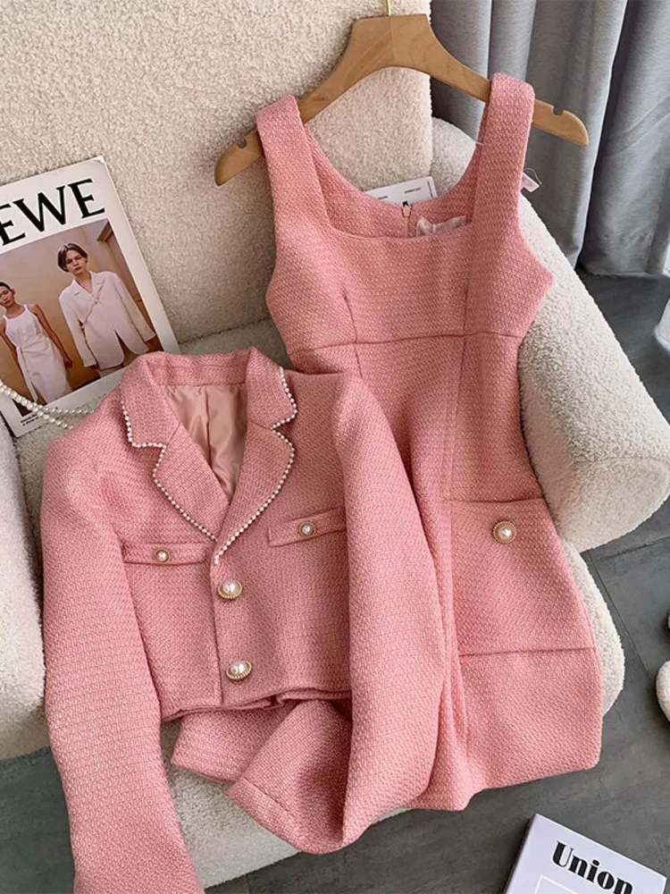 Autumn New French Women Temperament Blazer Jackets Coat+Sling Tank Mini Dress Two Piece Set Pearls Buttons Tweed Outfits Female