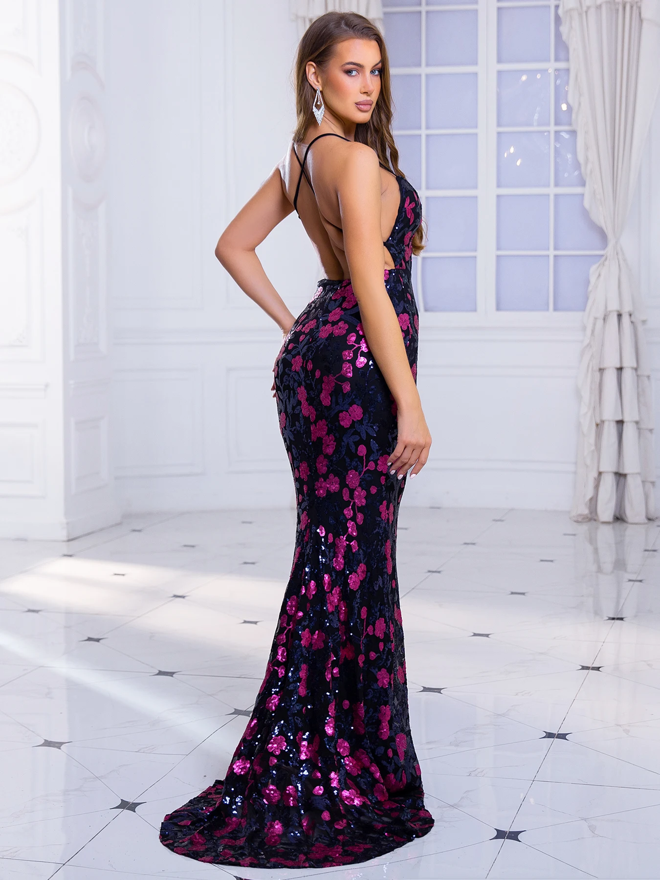 Sexy Backless Straps Evening Party Dress V Neck With Padded Luxury Sequin Flowers Mermaid Cocktail Prom Gown Elegant Women's New