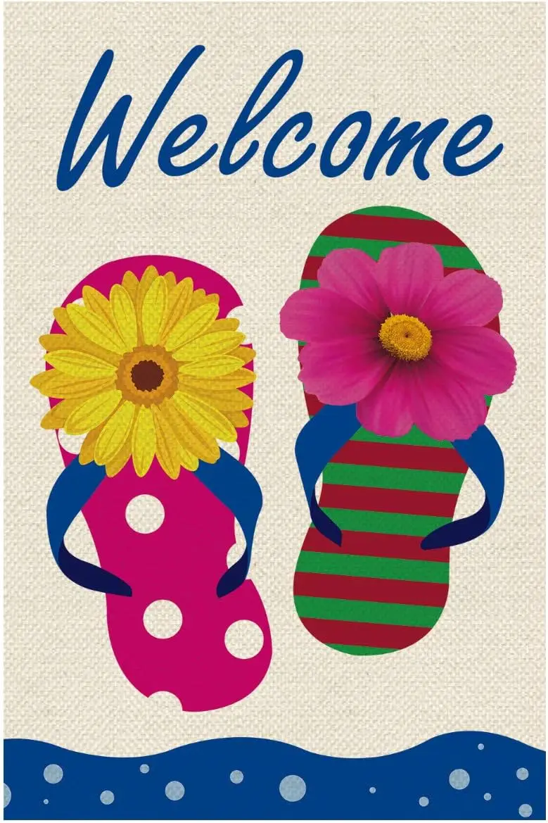 Texupday Welcome Summer Floral Flip Flop Burlap Holiday Double Sided Garden Flag Beach Outdoor Yard Flag 12