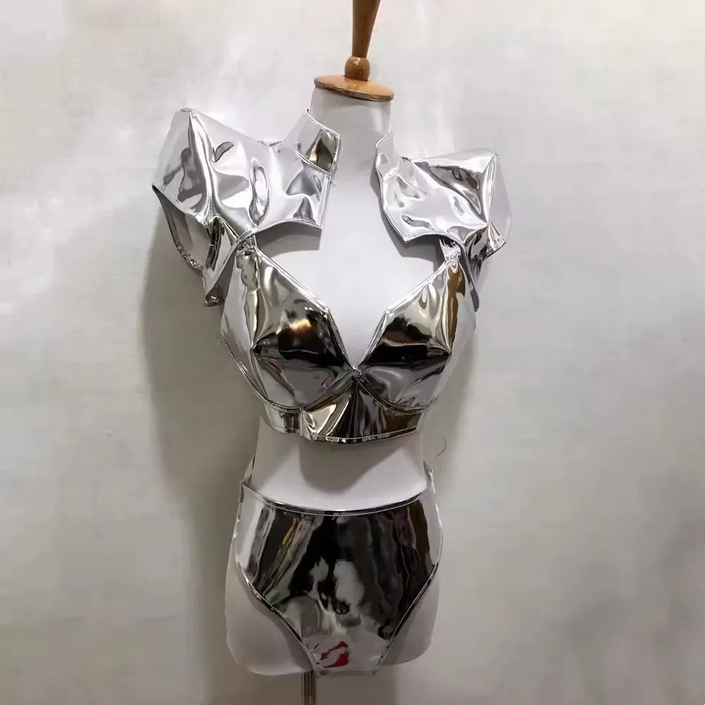 

Bar Nightclub Gogo Dance Costume Gold Silver Patent Leather Bikini Vest Rave Outfits Female Jazz Dancer Team Performance Clothes