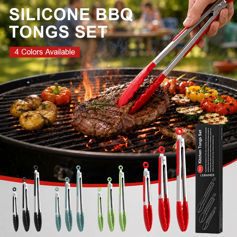 7/9/12 Inch Food Grade Silicone Kitchen Tongs 3 Size Kitchen Tongs Stainless Steel Heat Resistant BBQ Grilling Food Clip Tools